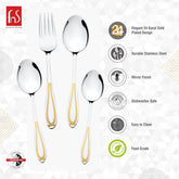 Thirty-piece stainless steel flatware set with gold-plated handles arranged in rows, including various spoons and forks